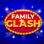 Κόκκινη ωοειδής επιγραφή με την φράση FAMILY CLASH σε φωτισμένα γράμματα με μπλε φόντο και αστέρια