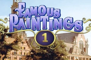 Σημαντικός τίτλος Famous Paintings 1 σε φόντο κτιρίου με πύργο και δέντρα, με καλλιτεχνικά γράμματα