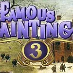 Ο τίτλος Famous Paintings 3 με επικάλυψη μιας χειμερινής σκηνής σε χωριό με ανθρώπους που περπατούν στο χιόνι