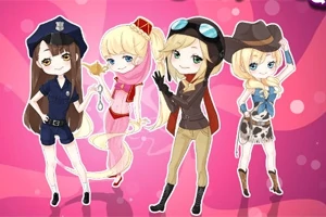 Τέσσερις χαρακτήρες σε στυλ anime ντυμένες ως αστυνομικός, πριγκίπισσα, πιλότος και αγελαδοτρόφος σε ροζ φόντο