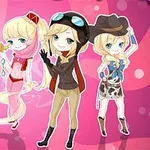 Τέσσερις χαρακτήρες σε στυλ anime ντυμένες ως αστυνομικός, πριγκίπισσα, πιλότος και αγελαδοτρόφος σε ροζ φόντο