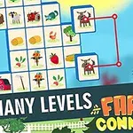 Πλέγμα με εικόνες ζώων και φυτών, κείμενο MANY LEVELS FARM CONNECT και σκίτσο κόκορα σε φόντο μπλε και κόκκινο