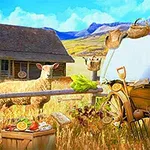 Βοσκοτόπι με πρόβατο μπροστά από ξύλινη αγροικία και διάφορα αγροτικά προϊόντα σε καλάθια και κιβώτια