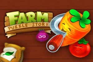 Λαχανικά με χαμογελαστά πρόσωπα και τίτλος Farm Puzzle Story σε ξύλινο φόντο