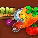 Λαχανικά με χαμογελαστά πρόσωπα και τίτλος Farm Puzzle Story σε ξύλινο φόντο