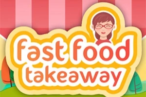Λογότυπο με κείμενο fast food takeaway σε φωτεινά χρώματα και καρτούν φιγούρα γυναίκας με γυαλιά