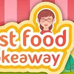 Λογότυπο με κείμενο fast food takeaway σε φωτεινά χρώματα και καρτούν φιγούρα γυναίκας με γυαλιά