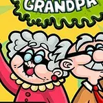 Δύο χαμογελαστοί ηλικιωμένοι κρατούν πιρούνι και σπάτουλα, με πολύχρωμο φόντο