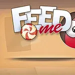 Λευκός τίτλος FEED me με κόκκινο διακοσμητικό και μια κόκκινη στρογγυλή φιγούρα με μάτια στο δεξιό τμήμα της εικόνας σε καφέ φόντο
