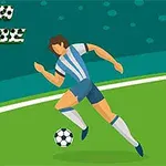 Ένας ποδοσφαιριστής με γαλάζια και άσπρη στολή τρέχει με μια μπάλα σε γήπεδο, με τη λέξη SCORE να εμφανίζεται στην πάνω αριστερή γωνία