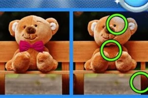 Ένα λούτρινο αρκουδάκι με παπιγιόν βρίσκεται σε ξύλινο φόντο και δύο πανομοιότυπες εικόνες συγκρίνονται με πράσινους κύκλους να δείχνουν διαφορές