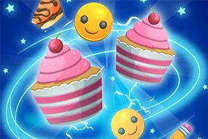 Κινούμενα χαρούμενα πρόσωπα, ροζ cupcakes με κεράσια και γλυκά σε μπλε φόντο με αστέρια και ηλεκτρικές γραμμές