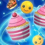 Κινούμενα χαρούμενα πρόσωπα, ροζ cupcakes με κεράσια και γλυκά σε μπλε φόντο με αστέρια και ηλεκτρικές γραμμές