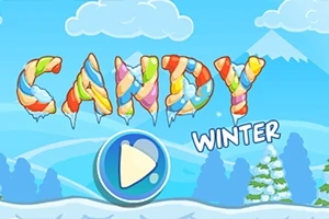 Γράμματα από γλυκά που σχηματίζουν τη λέξη CANDY με φόντο χειμερινό τοπίο και δέντρα
