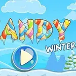 Γράμματα από γλυκά που σχηματίζουν τη λέξη CANDY με φόντο χειμερινό τοπίο και δέντρα