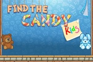 Χρωματιστά γράμματα με τη φράση Find the Candy πάνω σε μπλε φόντο με ένα καφέ αρκουδάκι και ένα γαλάζιο κουνελάκι