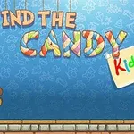 Χρωματιστά γράμματα με τη φράση Find the Candy πάνω σε μπλε φόντο με ένα καφέ αρκουδάκι και ένα γαλάζιο κουνελάκι