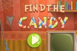 Εικόνα με τη φράση Find the Candy σε χρωματιστά γράμματα, μπροστά από κόκκινο φόντο με αράχνη και ράφια, με πράσινο κουμπί αναπαραγωγής
