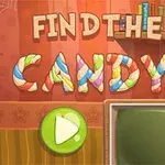 Εικόνα με τη φράση Find the Candy σε χρωματιστά γράμματα, μπροστά από κόκκινο φόντο με αράχνη και ράφια, με πράσινο κουμπί αναπαραγωγής