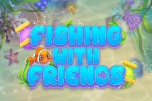 Έγχρωμος τίτλος Fishing with Friends με ένα πορτοκαλί ψάρι και υποβρύχια σκηνή με φύκια και φυσαλίδες