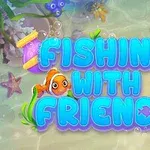 Έγχρωμος τίτλος Fishing with Friends με ένα πορτοκαλί ψάρι και υποβρύχια σκηνή με φύκια και φυσαλίδες