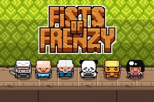 Μια ομάδα χαρακτήρων σε pixel art με έναν τίτλο Fists of Frenzy από πάνω τους σε φόντο με πράσινα σχέδια