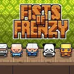 Μια ομάδα χαρακτήρων σε pixel art με έναν τίτλο Fists of Frenzy από πάνω τους σε φόντο με πράσινα σχέδια