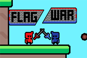 Κόκκινος και μπλε χαρακτήρας σε pixel art μάχονται με σημαίες κάτω από τις λέξεις FLAG WAR