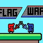 Κόκκινος και μπλε χαρακτήρας σε pixel art μάχονται με σημαίες κάτω από τις λέξεις FLAG WAR