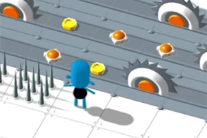Ένας μπλε χαρακτήρας σε τρισδιάστατη σκηνή με μεταλλικούς δίσκους, τηγανητά αυγά και αιχμές στο πάτωμα