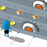 Ένας μπλε χαρακτήρας σε τρισδιάστατη σκηνή με μεταλλικούς δίσκους, τηγανητά αυγά και αιχμές στο πάτωμα