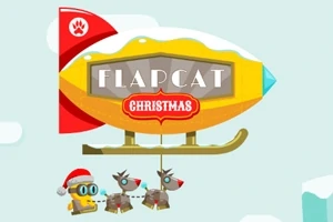 Αερόπλοιο με την επιγραφή FLAPCAT και CHRISTMAS πάνω από έναν χαρακτήρα ρομπότ με σκούφο Άγιου Βασίλη που τραβά δύο τάρανδους