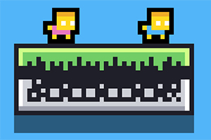 Δύο pixel art χαρακτήρες πάνω σε μία πλατφόρμα με πράσινα και μαύρα χρώματα σε μπλε φόντο