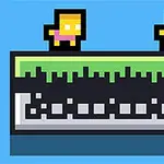 Δύο pixel art χαρακτήρες πάνω σε μία πλατφόρμα με πράσινα και μαύρα χρώματα σε μπλε φόντο