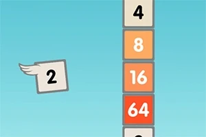Flappy 2048 Ένας κύβος με τον αριθμό 2 και φτερό πλησιάζει μια κάθετη σειρά από αριθμημένους κύβους 4, 8, 16, 64
