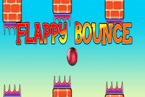 Πολύχρωμος τίτλος FLAPPY BOUNCE με φόντο τούβλα και μια κόκκινη σφαίρα στο κέντρο