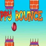 Πολύχρωμος τίτλος FLAPPY BOUNCE με φόντο τούβλα και μια κόκκινη σφαίρα στο κέντρο