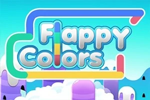 Κυρίαρχος τίτλος Flappy Colors με πολύχρωμες σωλήνες σε σκηνικό με σύννεφα και βουνά