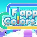 Κυρίαρχος τίτλος Flappy Colors με πολύχρωμες σωλήνες σε σκηνικό με σύννεφα και βουνά