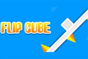 Το λογότυπο FLIP CUBE πάνω από ένα μπλε φόντο με έναν λευκό κύβο σε διαγώνια γραμμή και κίτρινες αιχμές