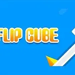 Το λογότυπο FLIP CUBE πάνω από ένα μπλε φόντο με έναν λευκό κύβο σε διαγώνια γραμμή και κίτρινες αιχμές