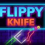 Φωτεινή νέον επιγραφή με τις λέξεις FLIPPY KNIFE πάνω σε σκοτεινό φόντο τούβλων