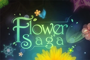 Λογότυπο με τον τίτλο Flower Saga σε γραφικά με λουλούδια και πεταλούδα στο σκούρο φόντο