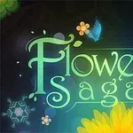 Λογότυπο με τον τίτλο Flower Saga σε γραφικά με λουλούδια και πεταλούδα στο σκούρο φόντο