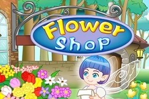 Πολύχρωμη ταμπέλα Flower Shop με ένα χαμογελαστό ξωτικό μπροστά από ανθισμένα λουλούδια, σε φόντο καταστήματος με δέντρα