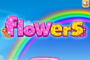 Η λέξη flowers σε ροζ και κίτρινο χρώμα με σχέδια από λουλούδια μπροστά από ένα πολύχρωμο ουράνιο τόξο