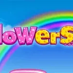Η λέξη flowers σε ροζ και κίτρινο χρώμα με σχέδια από λουλούδια μπροστά από ένα πολύχρωμο ουράνιο τόξο