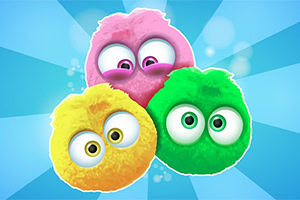 Τρία πολύχρωμα χνουδωτά πλάσματα με μεγάλα μάτια βρίσκονται σε μπλε ακτινωτό φόντο