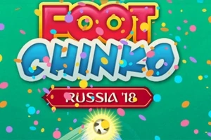Πολύχρωμο λογότυπο Foot Chinko με υπότιτλο Russia 18, γεμάτο με διάσπαρτα κονφετί και μια φωτεινή μπάλα ποδοσφαίρου στο κάτω μέρος