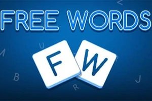 Κείμενο FREE WORDS σε μπλε φόντο με δύο λευκά πλακίδια που περιέχουν τα γράμματα F και W